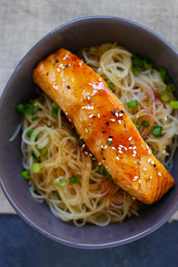 Homemade soy sauce Salmon Teriyaki Noodles.