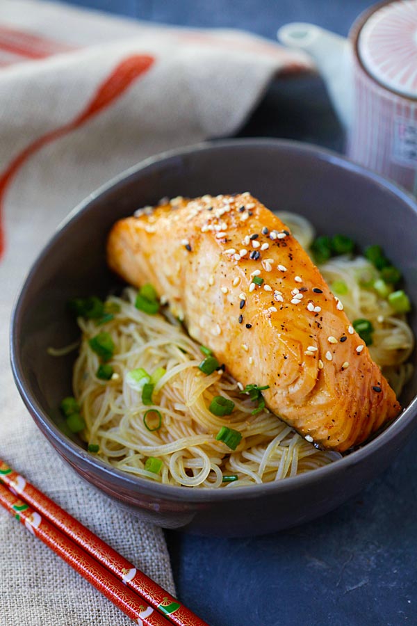 Salmon Teriyaki Noodles made with San-J Tamari soy sauce in a bowl.