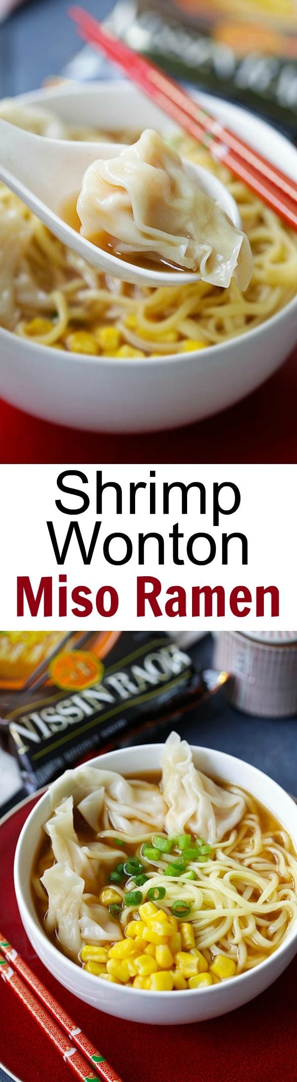 Shrimp Wonton Miso Ramen - restaurant-quality miso ramen with juicy and plump shrimp wontons, made with Nissin RAOH ramen, SO GOOD! | rasamalaysia.com