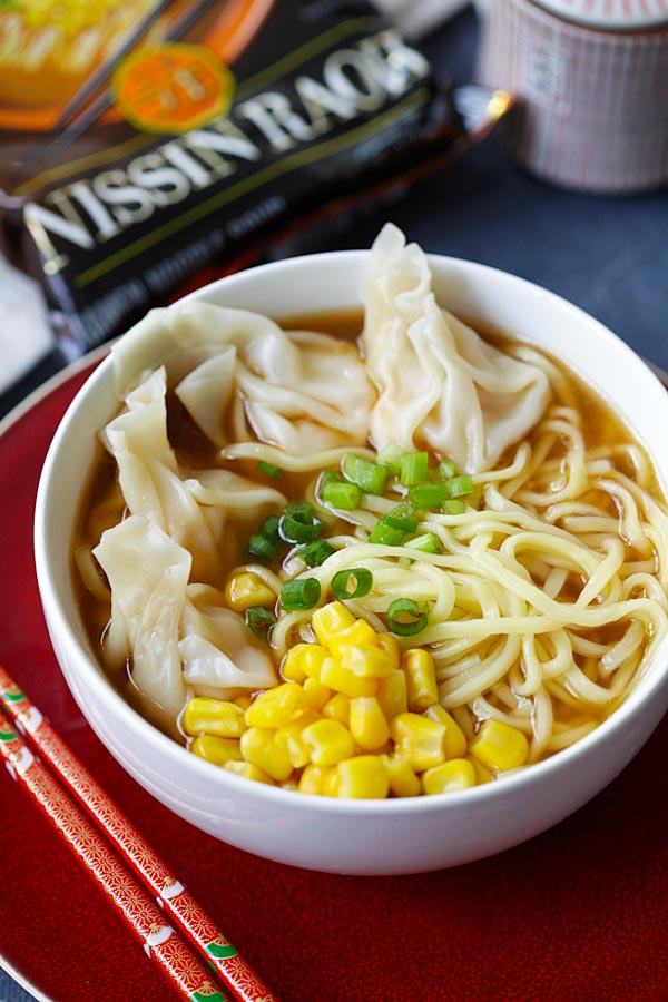 Shrimp Wonton Miso Nissin RAOH ramen in a bowl.