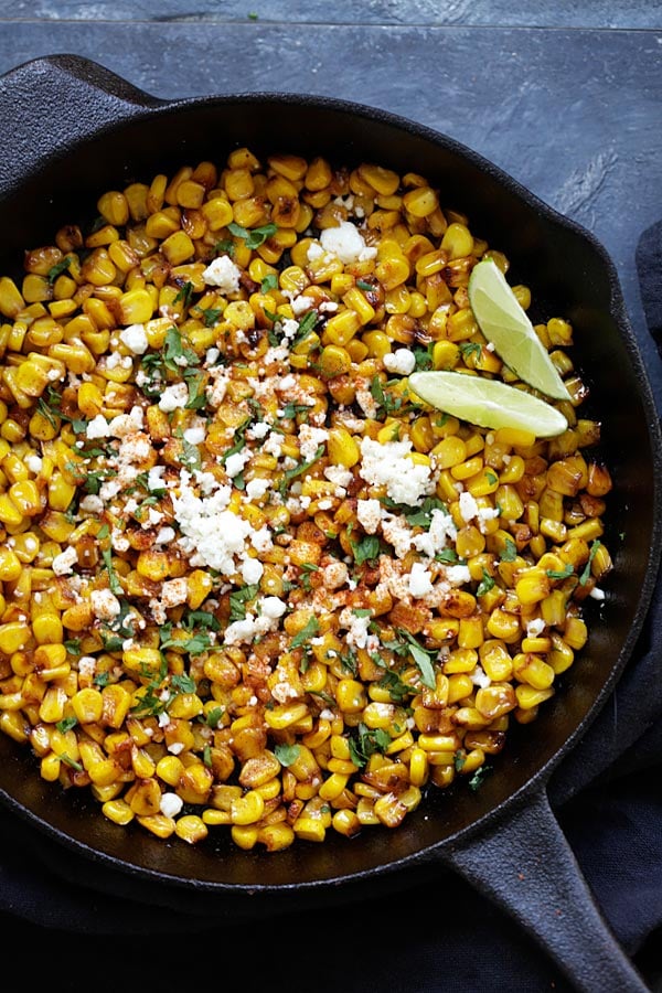 Skillet Chili Lime Corn with chili, honey, lime, and cheese.