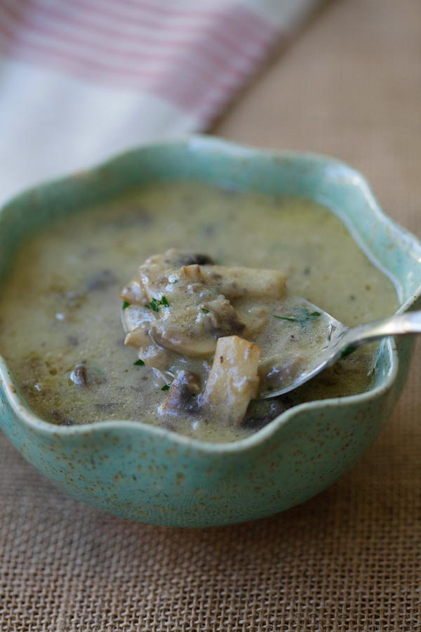 Healthy homemade vegetable cream of mushroom soup recipe in a bowl.