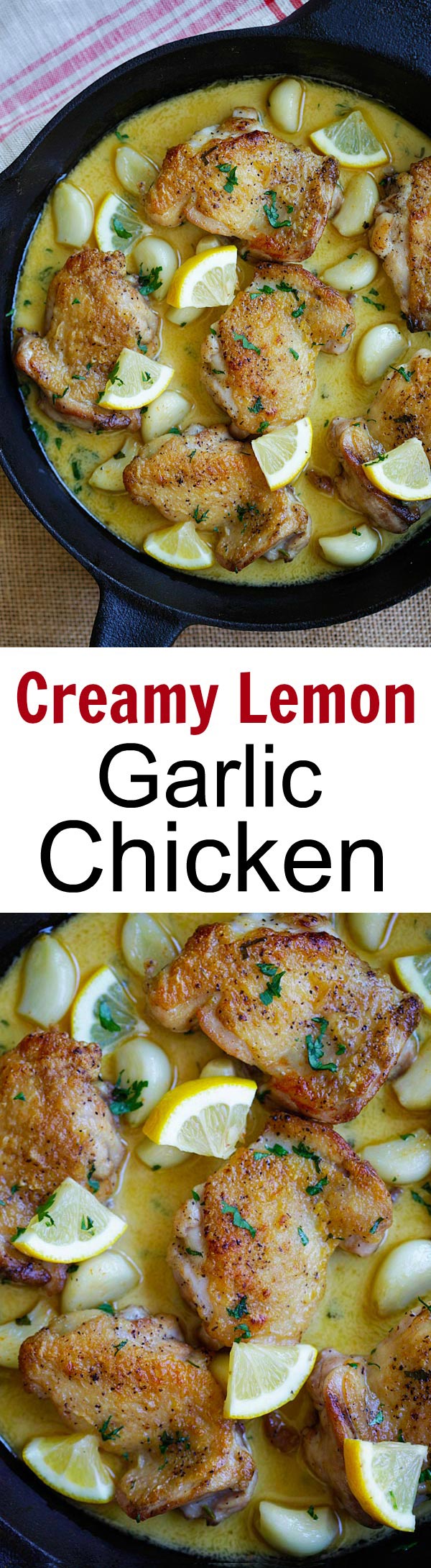 Creamy Lemon Garlic Chicken – crazy delicious skillet chicken with creamy lemon garlic sauce. So easy and dinner is ready in 20 mins | rasamalaysia.com