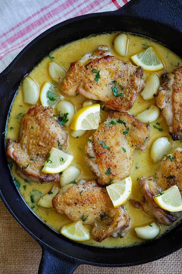 One pan skillet chicken with creamy lemon garlic sauce.