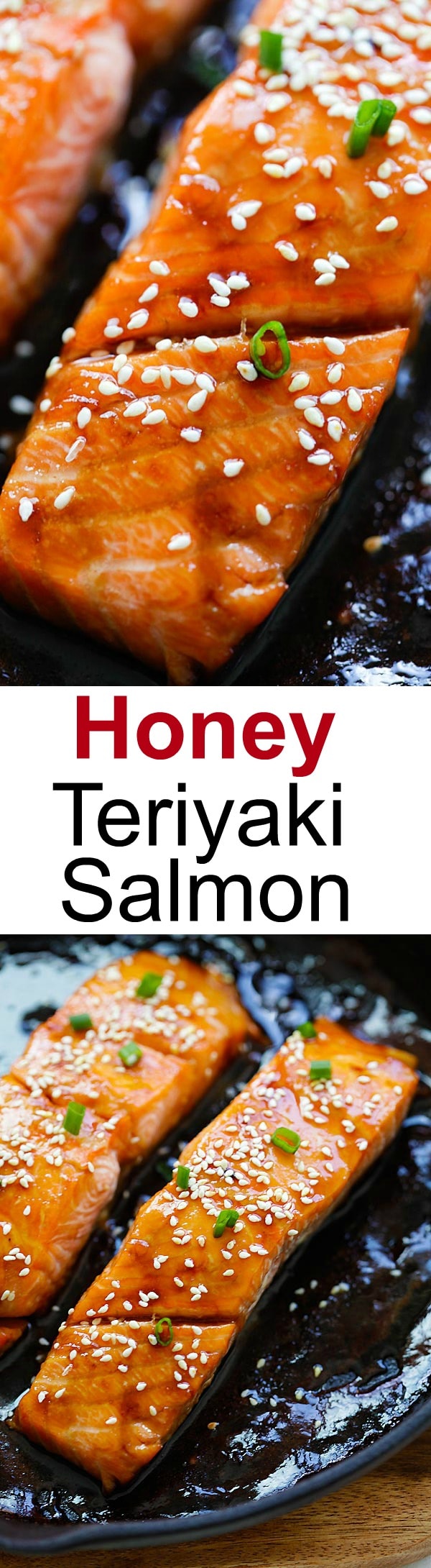 Honey Teriyaki Salmon – sticky sweet, savory salmon with honey teriyaki sauce. Cooks in a skillet or baked in oven. Dinner takes 10 mins | rasamalaysia.com
