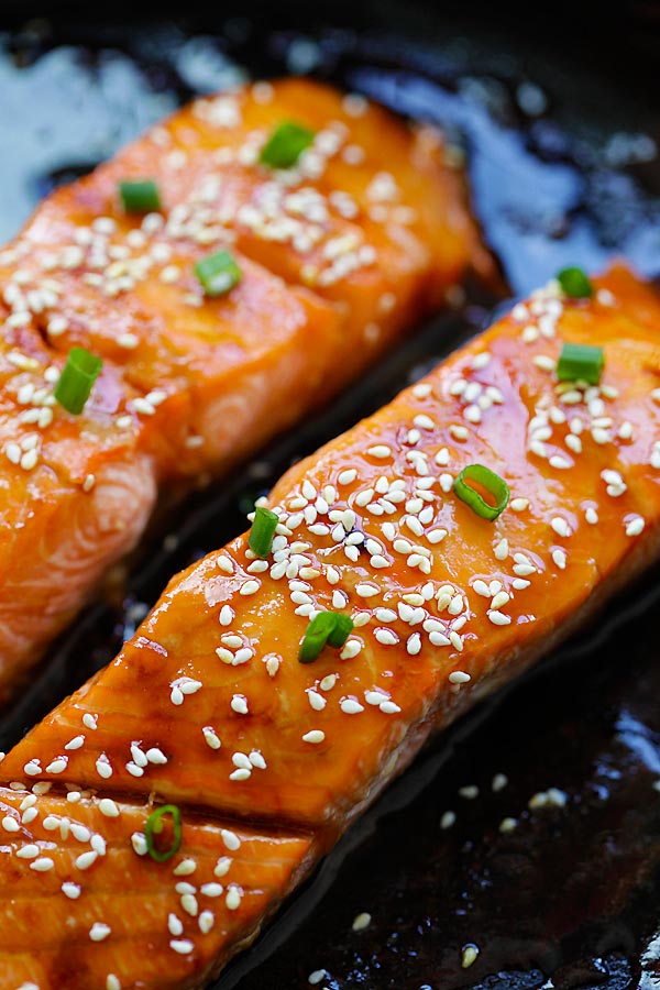 Easy and quick skillet sticky sweet, savory salmon with honey teriyaki sauce.