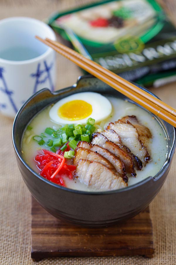 Easy healthy homemade Char Siu Pork Ramen topped with Chinese char siu roasted pork belly and boiled ramen egg in a bowl.
