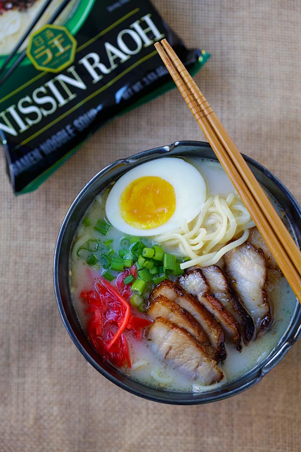 Easy homemade tonkotsu ramen with rich pork ramen broth, topped with Chinese roasted pork belly in a bowl.