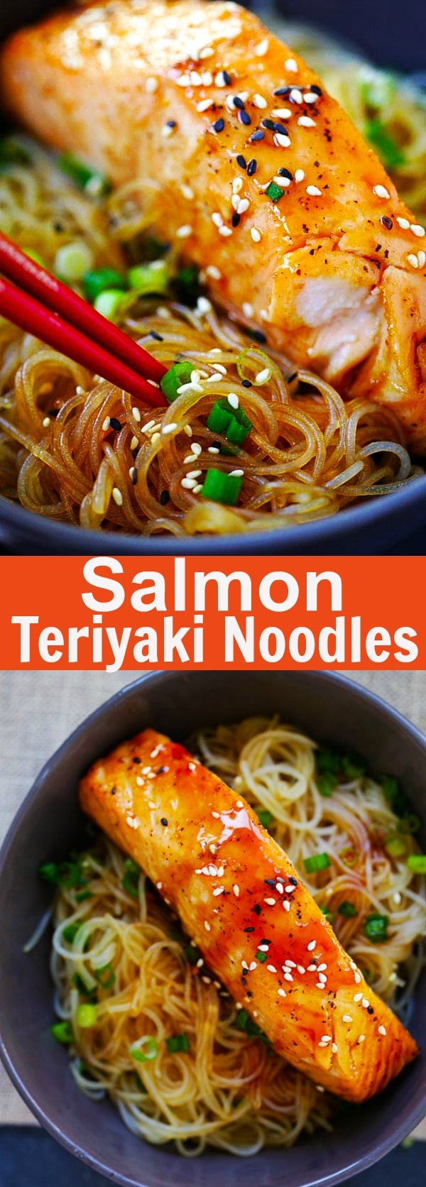 Salmon Teriyaki Noodles – moist and juicy salmon and rice noodles made with San-J Tamari. Gluten-free, healthy family weeknight dinner | rasamalaysia.com