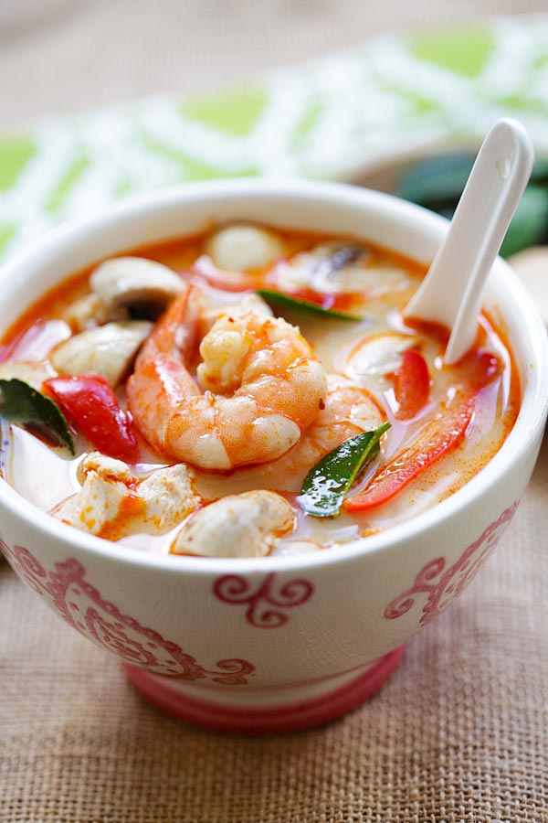 Homemade easy Thai Tom Yum Goong soup in a bowl.