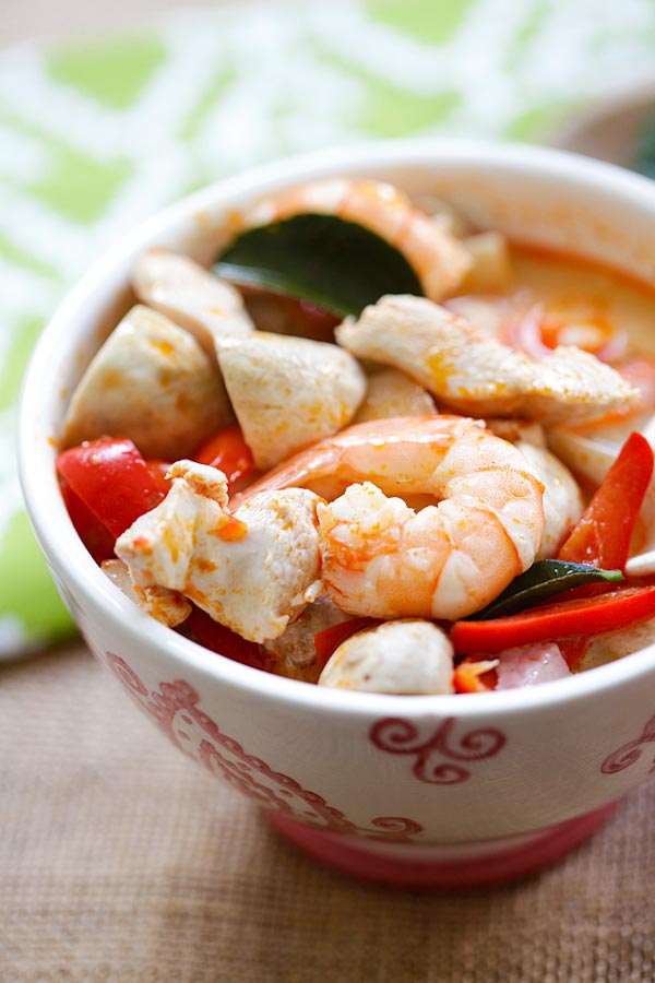 Delicious Thai Coconut chicken and shrimp soup, ready to serve.