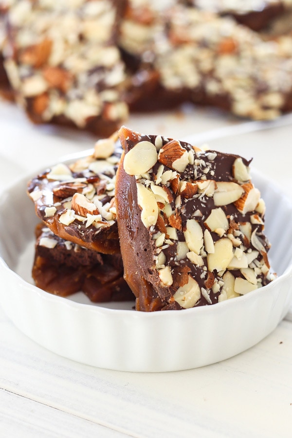 Nutty, sweet and crunchy almond toffee dessert snacks.