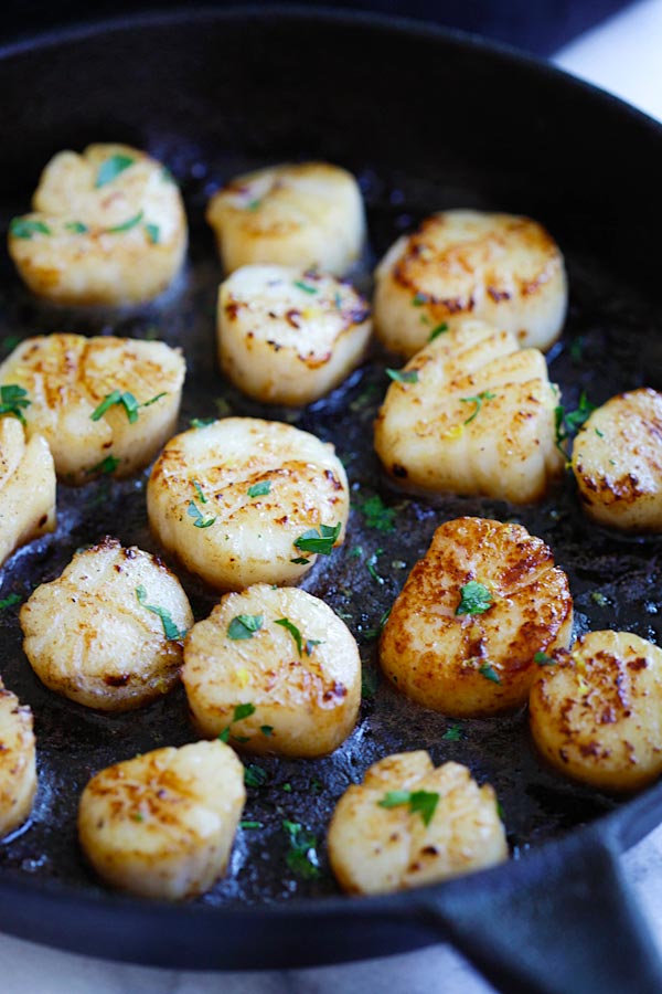 Easy and quick seared scallops sauteed in brown butter.