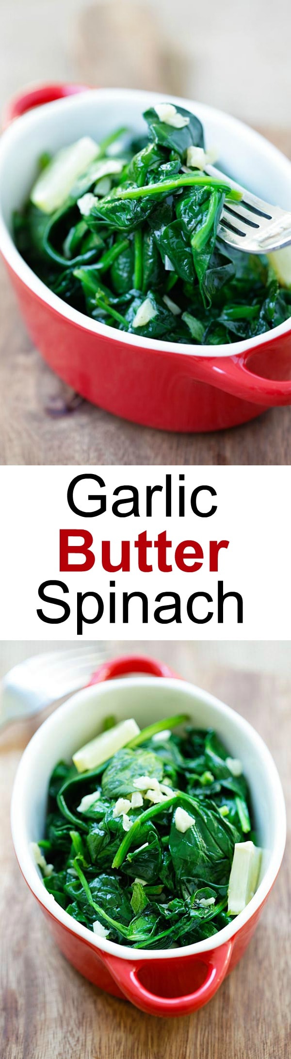 Garlic Butter Sauteed Spinach - easy spinach with garlic and butter. Easy and healthy recipe with only 5 ingredients and takes 8 mins | rasamalaysia.com