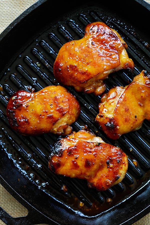 Quick and easy one pan Honey roasted Turmeric Chicken thighs, ready to serve.