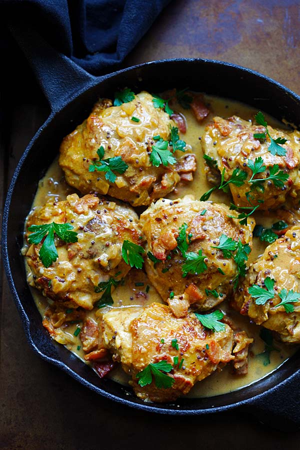 David Lebovitz inspired Mustard Chicken recipe in a skillet.