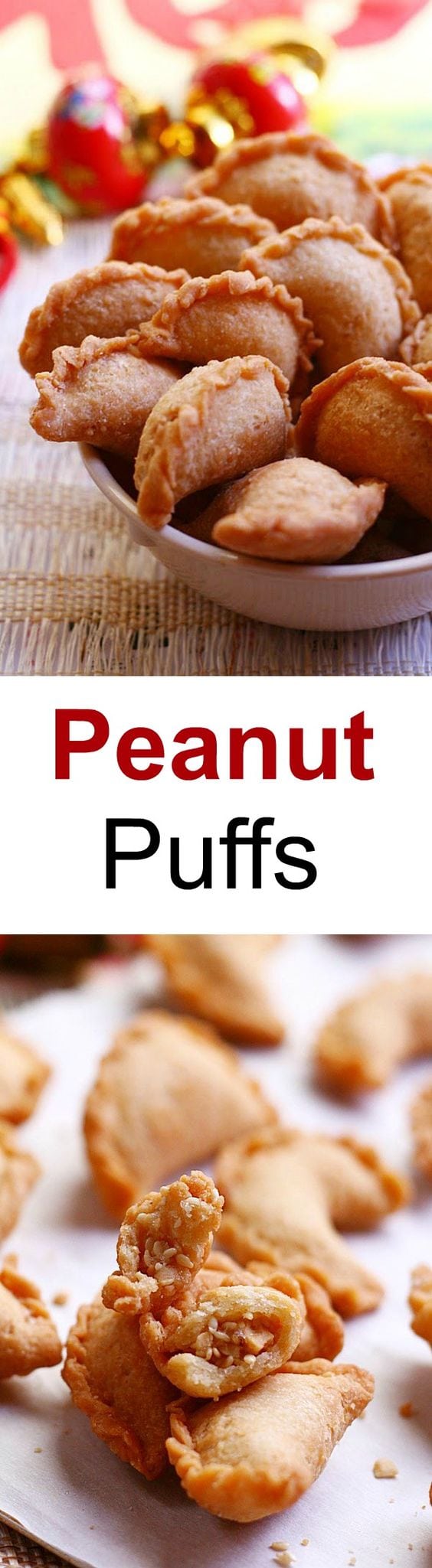 Peanut Puffs - sweet ground peanut wrapped with crispy pastry shell. Deep-fried to golden brown, so addictive and yummy | rasamalaysia.com