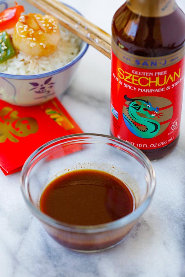 Szechuan Scallops brown sauce ingredients, made with San-J Szechuan sauce.