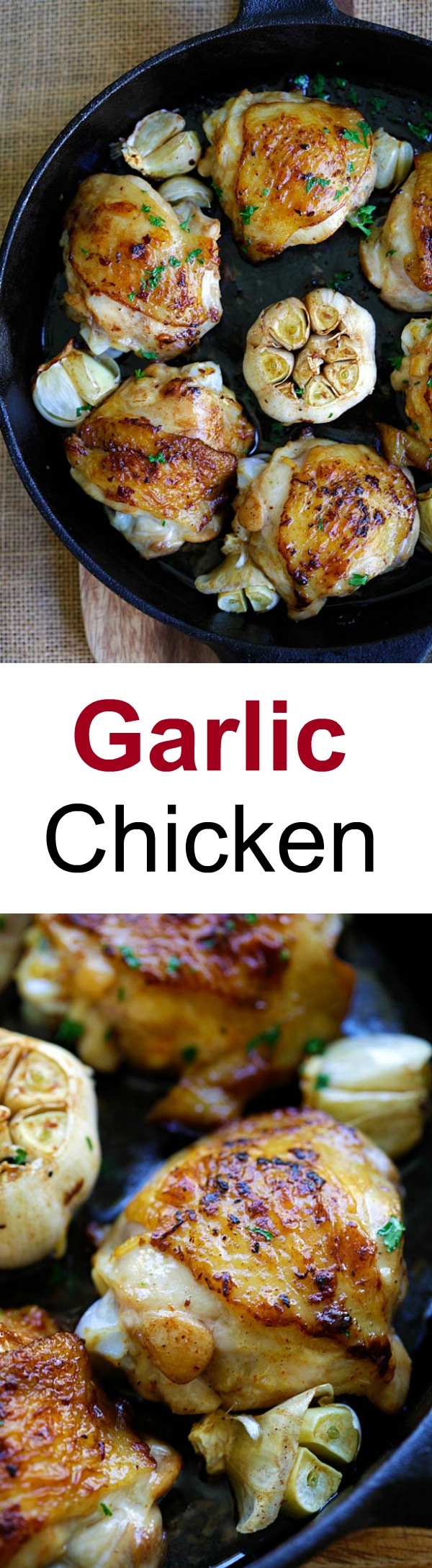 Garlic Chicken – crazy delicious chicken roasted with garlic. Juicy, moist, flavorful skillet chicken with simple ingredients. Dinner is done in 20 mins | rasamalaysia.com