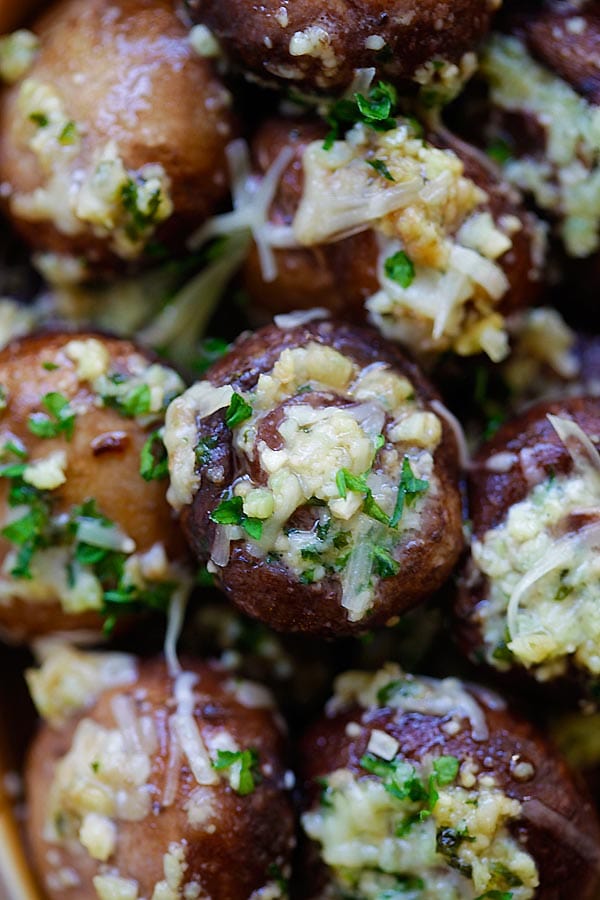 Close up Parmesan buttery and delicious oven roasted mushrooms.