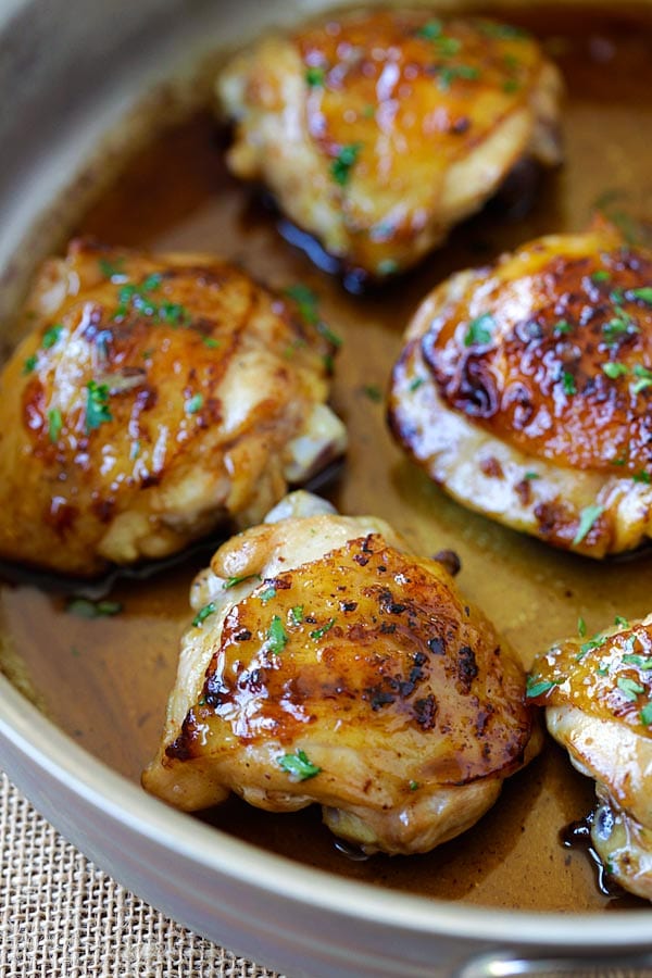 Easy glaze skillet chicken with sweet and savory honey balsamic sauce.