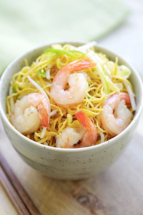 Shrimp Chow Mein Noodles in a bowl.