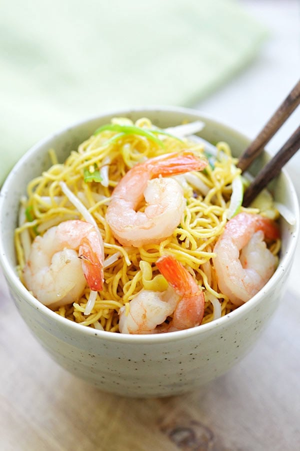 Easy shrimp chow mein served in a bowl.