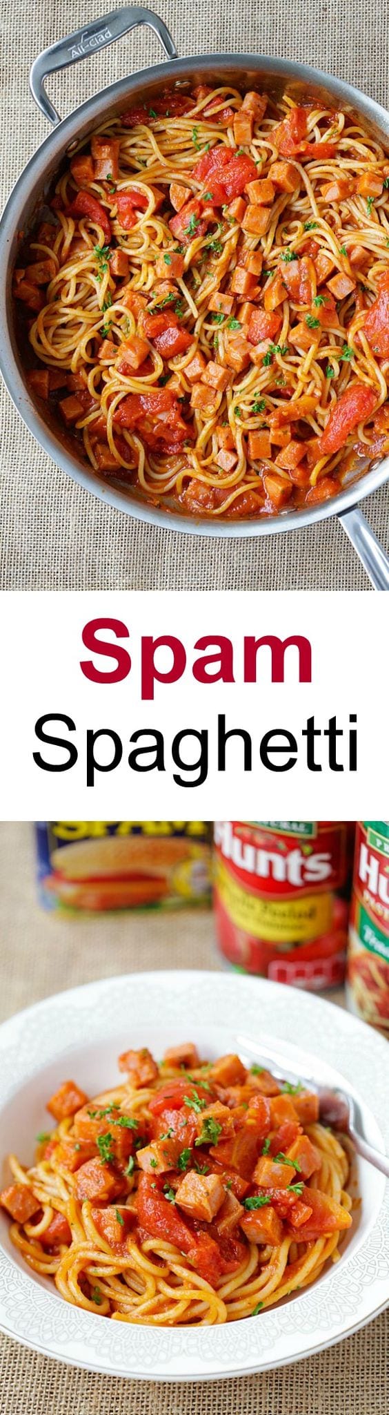 Spam Spaghetti – simple and quick pasta with spam and tomato sauce. Weeknight dinner is a quick and takes only 15 minutes from prep to dinner table | rasamalaysia.com