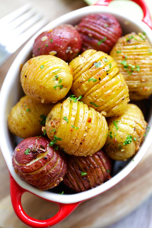 Roasted potatoes recipe with yellow potatoes and red potatoes.