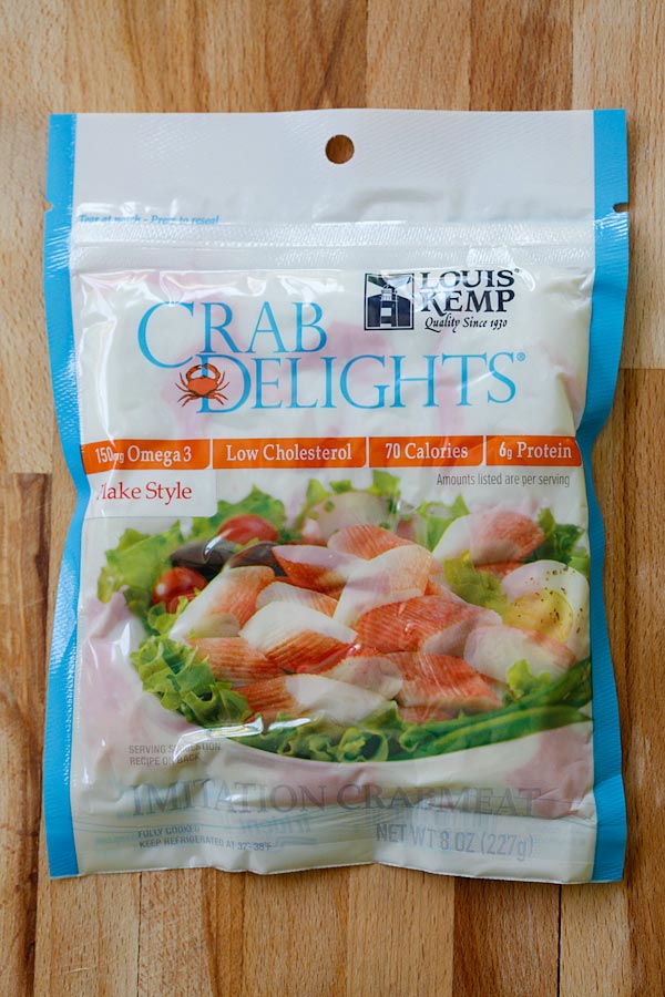 A packet of imitation crab meat, a California Roll ingredient.