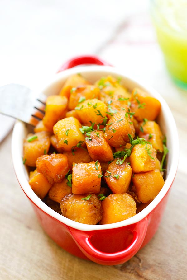 Healthy homemade oven roasted butternut squash with honey balsamic sauce.