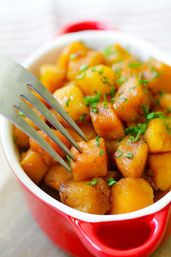 Close up easy roasted orange butternut squash in cubes.