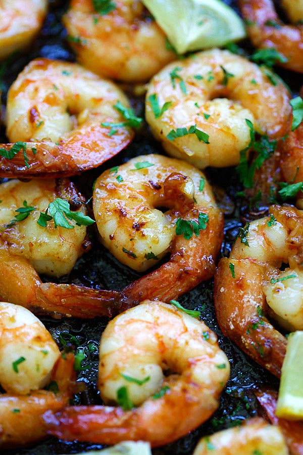 Close up of easy delicious skillet shrimp with honey garlic glaze.