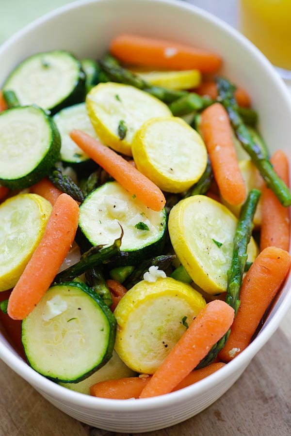 Refreshing and easy healthy seasonal spring vegetables recipe with garlic herb butter.
