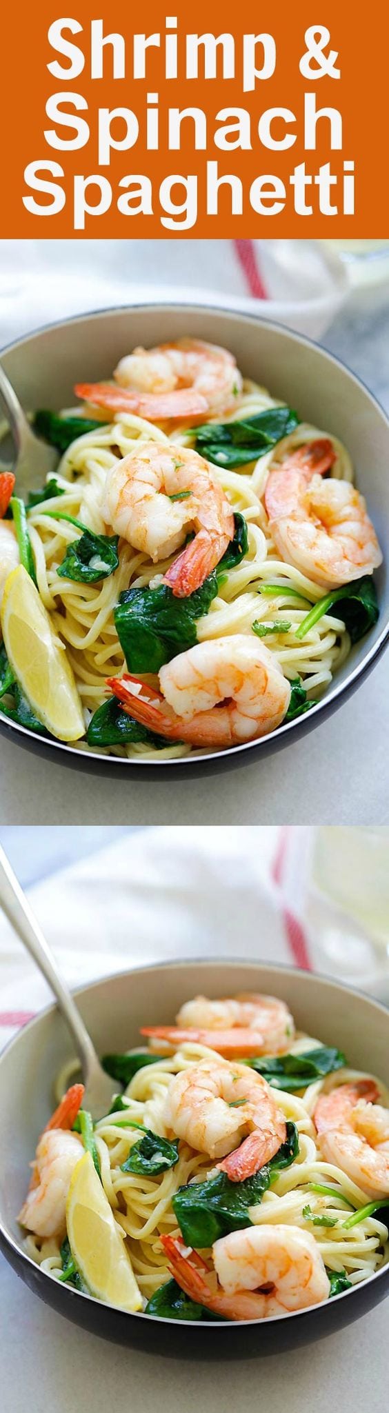 Shrimp and Spinach Spaghetti – quick and easy homemade spaghetti with shrimp and spinach in garlic butter sauce. Dinner takes 20 mins | rasamalaysia.com