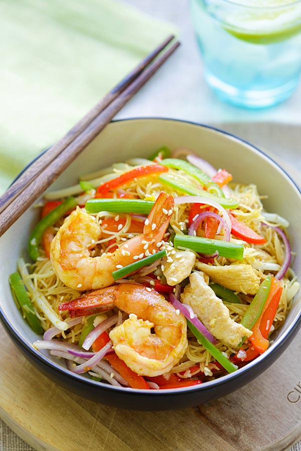 Singapore noodles in a bowl.