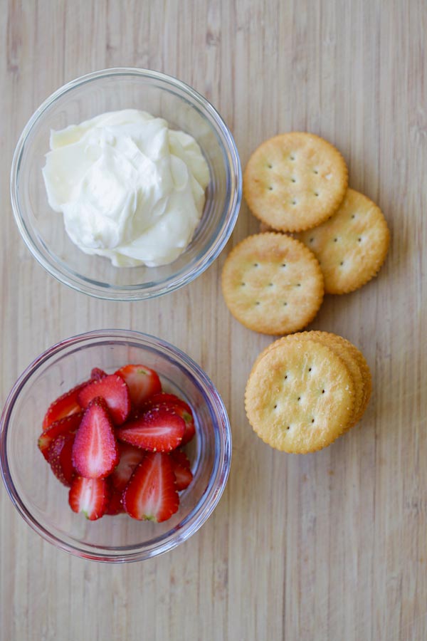 Strawberry Cheesecake RITZwich ingredients that consists of RITZ crackers, cream cheese and fresh strawberries.
