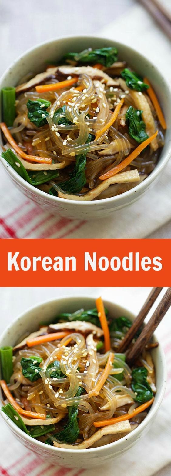 Japchae or chap chae is a popular Korean noodle dish made with sweet potato noodles. Learn how to make japchae at home in 30 minutes. Easy japchae recipe. | rasamalaysia.com