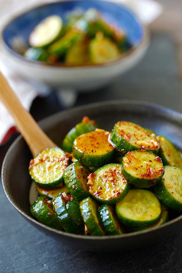 Easy and quick Asian cucumber salad with Asian spices marinade ready to serve.