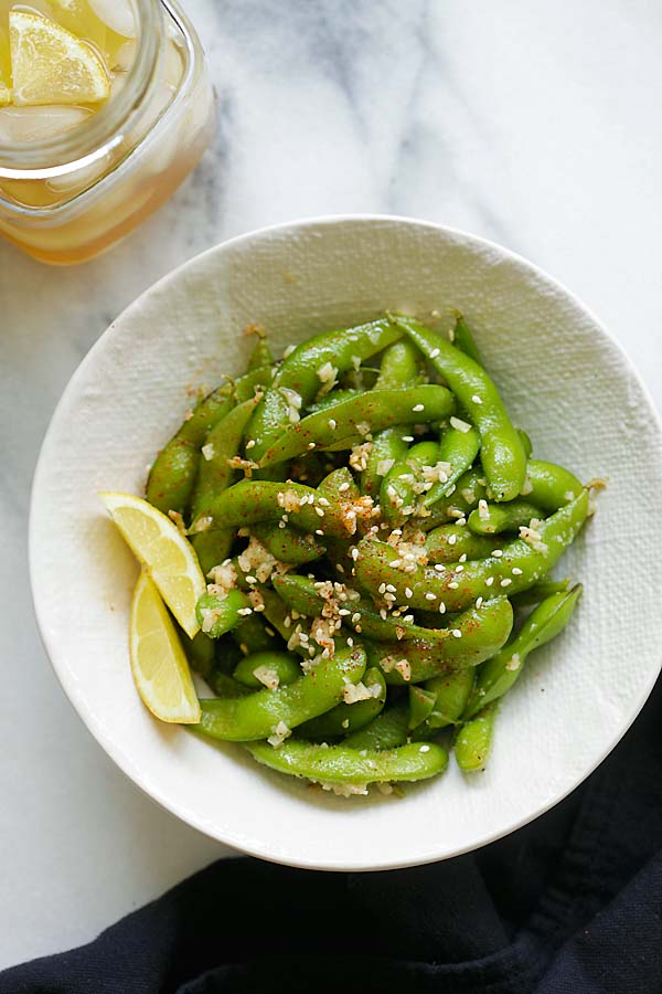 Edamame coated with garlic butter.