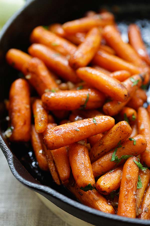 Oven roasted baby carrots with honey balsamic glaze.