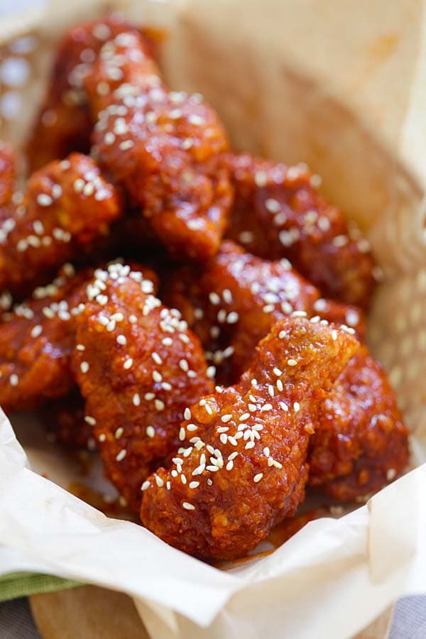 Homemade authentic red sauce Korean Fried Chicken Wings with soy garlic recipe.
