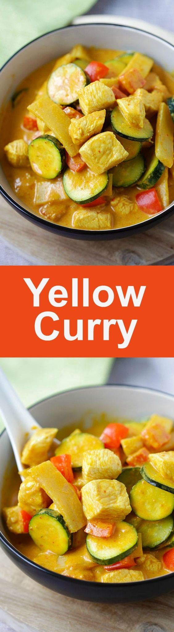 Thai Yellow Curry – creamy yellow curry recipe loaded with chicken, zucchini and bell peppers. So easy and much better than takeouts | rasamalaysia.com