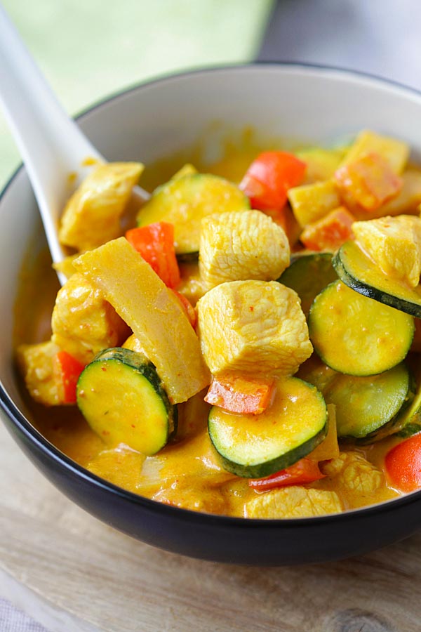 Yellow chicken curry in a bowl ready to serve.