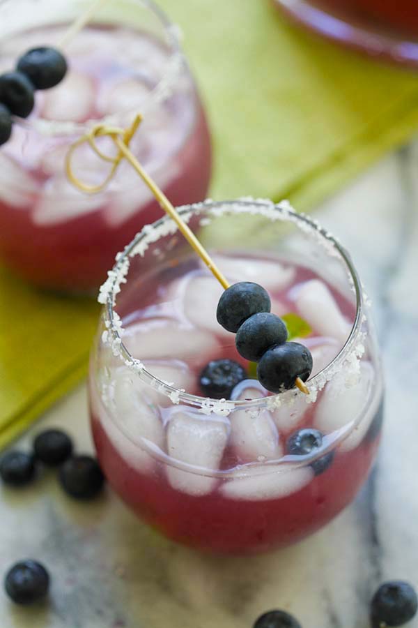 Blueberry Margarita made with fresh blueberries, and silver tequila.