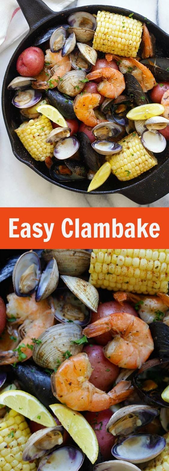 Clambake - the easiest and no-fuss clambake recipe ever, cooked on a stovetop with a skillet. Fresh, delicious and perfect for summer | rasamalaysia.com