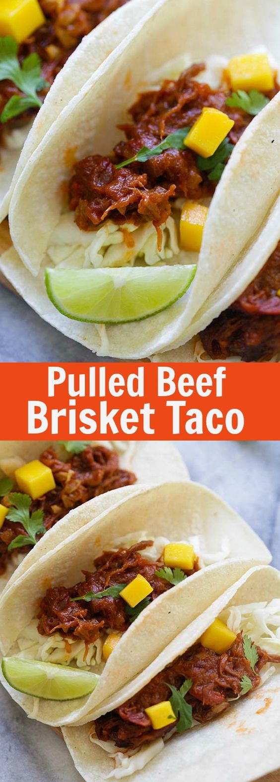 Pulled Beef Brisket Taco - the easiest homemade beef brisket taco with mango. These tacos come together in 20 minutes, so delicious | rasamalaysia.com