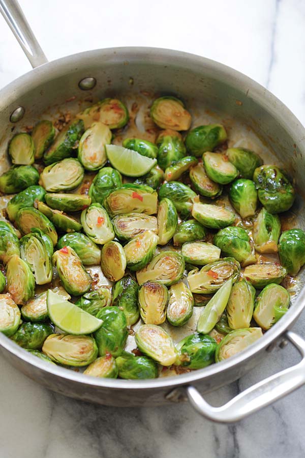 Quick and easy Thai sweet chili Brussels sprouts in a skillet.