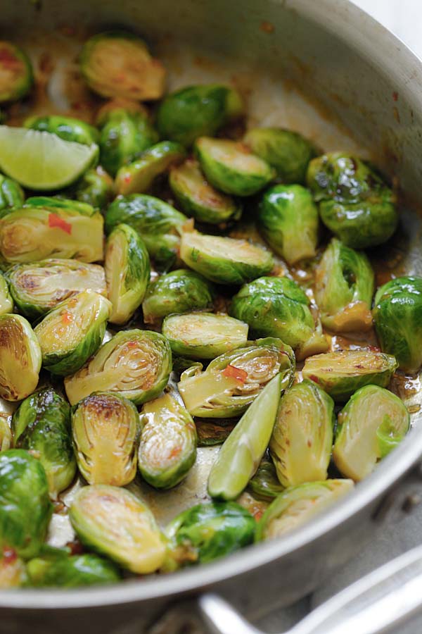 Easy and delicious sauteed brussels sprouts with Thai sweet chili sauce.