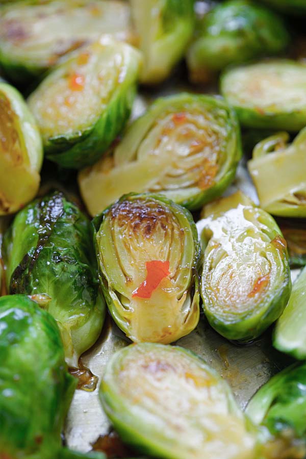 Healthy homemade sauteed sweet chili Brussels sprouts ready to serve.